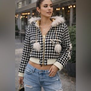 Y2K Rocawear Houndstooth Fur Trim Jacket Cropped Streetwear Baddie